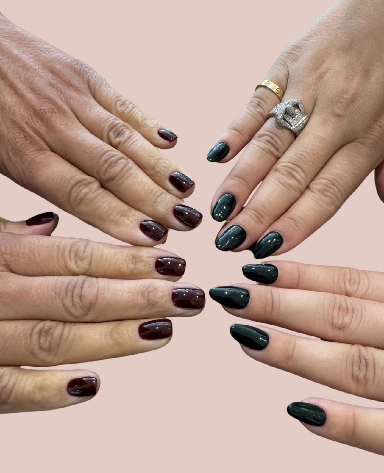 Dark wine red and forest green gel nails