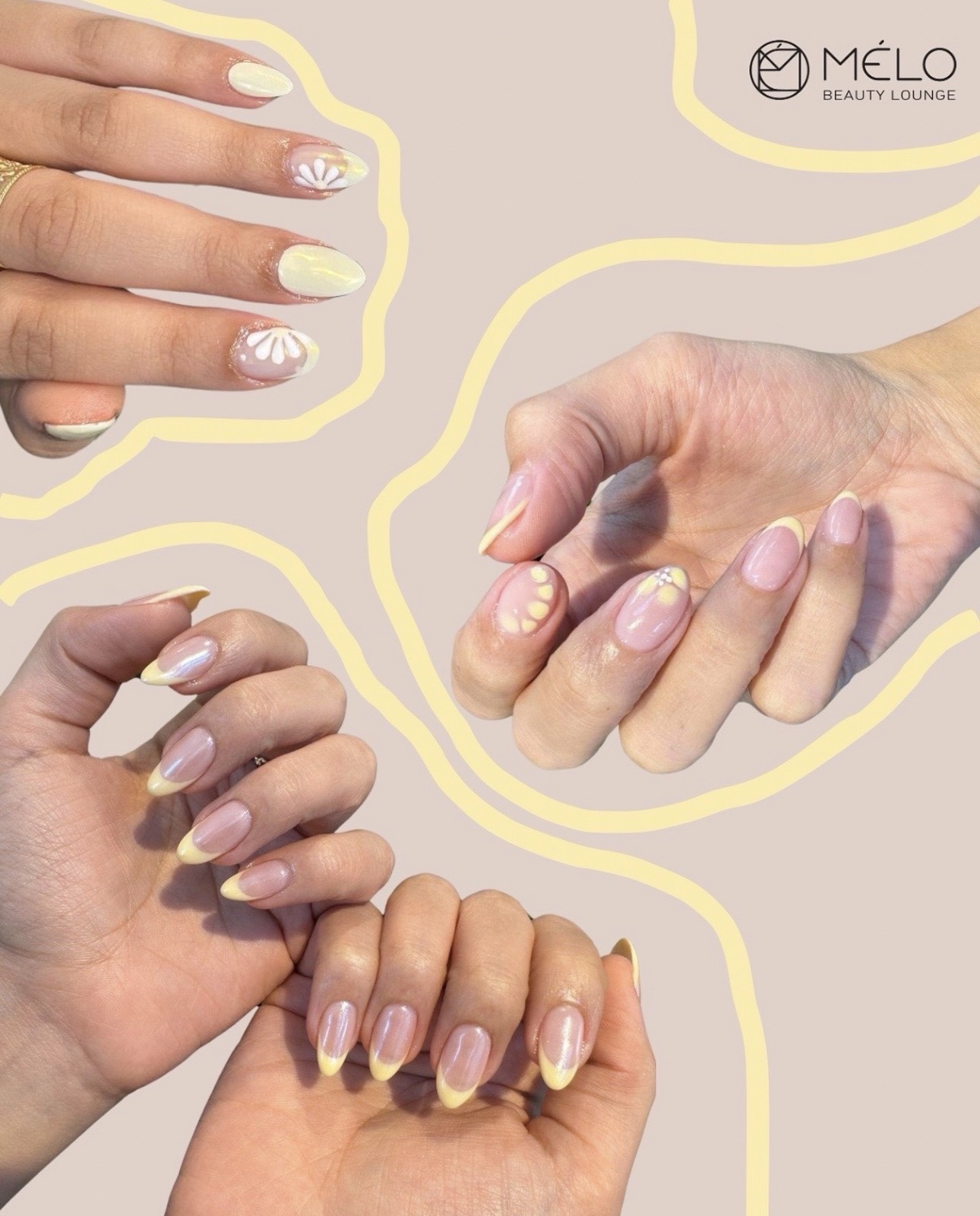 Yellow French tip nail art, four hands