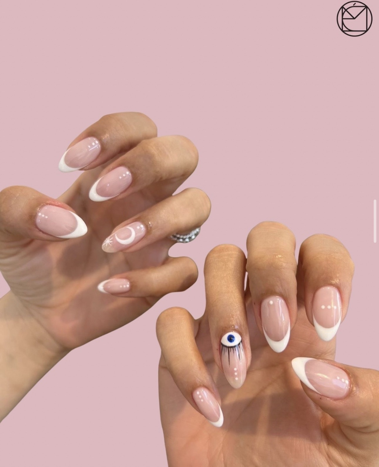 French tips with moon and evil eye art